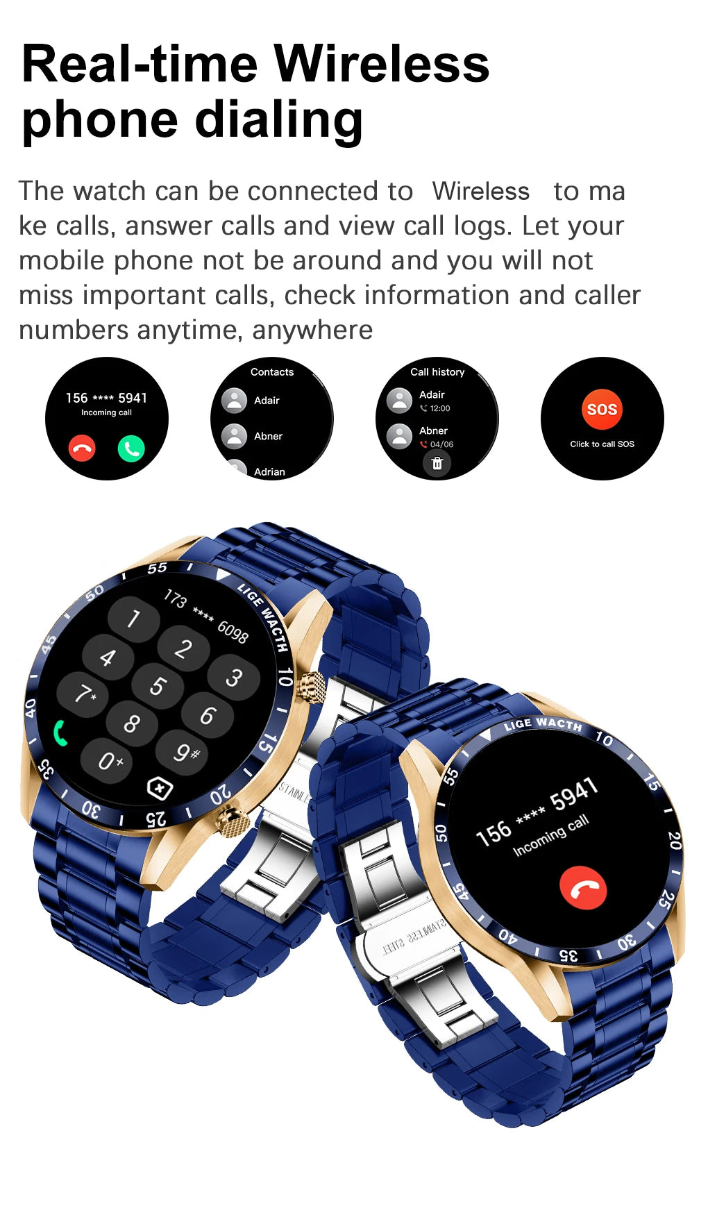 LIGE Men's Fashion Smart Watch Full Touch Bluetooth Call Waterproof Sport Fitness Tracker Luxury Steel Band Smartwatch for Adults