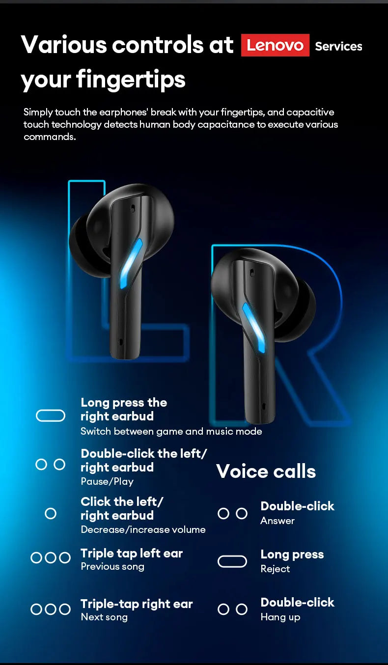 Choice Lenovo GT100 TWS Bluetooth 6.0 Gaming Earbuds Ultra Low Latency Long Endurance Wireless Headphone HD Voice Calls Earphone