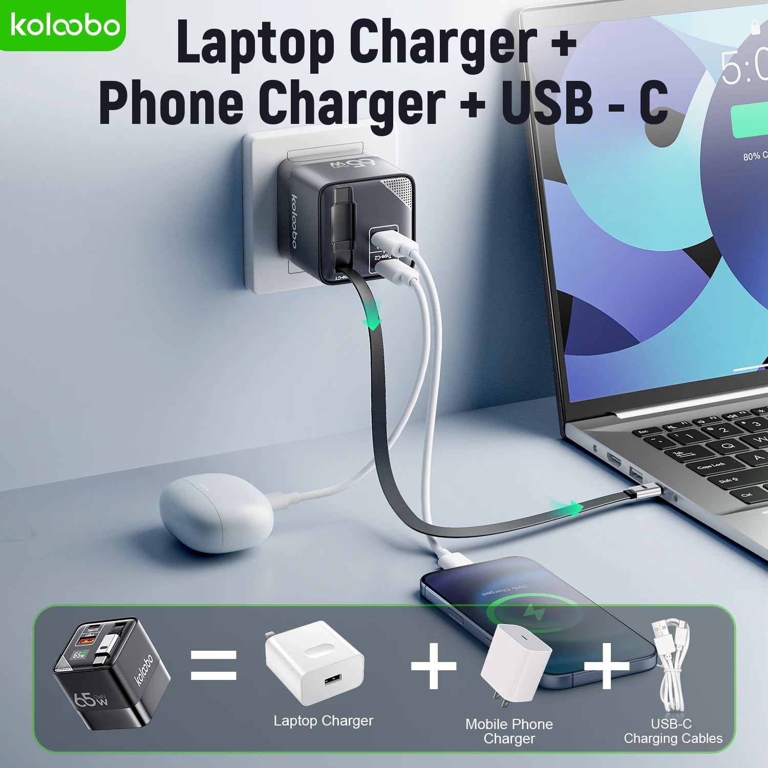 CrownQu 65W GaN Fast Charger with Retractable Type-C Cable