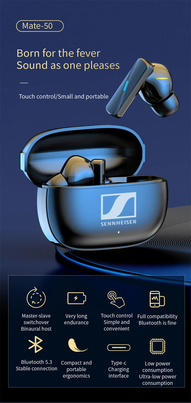 SENNHEISER Wireless Bluetooth Earphones TWS In-ear Earbuds Fitness Headphones Music Headset Motion Earphone Waterproof Earplugs