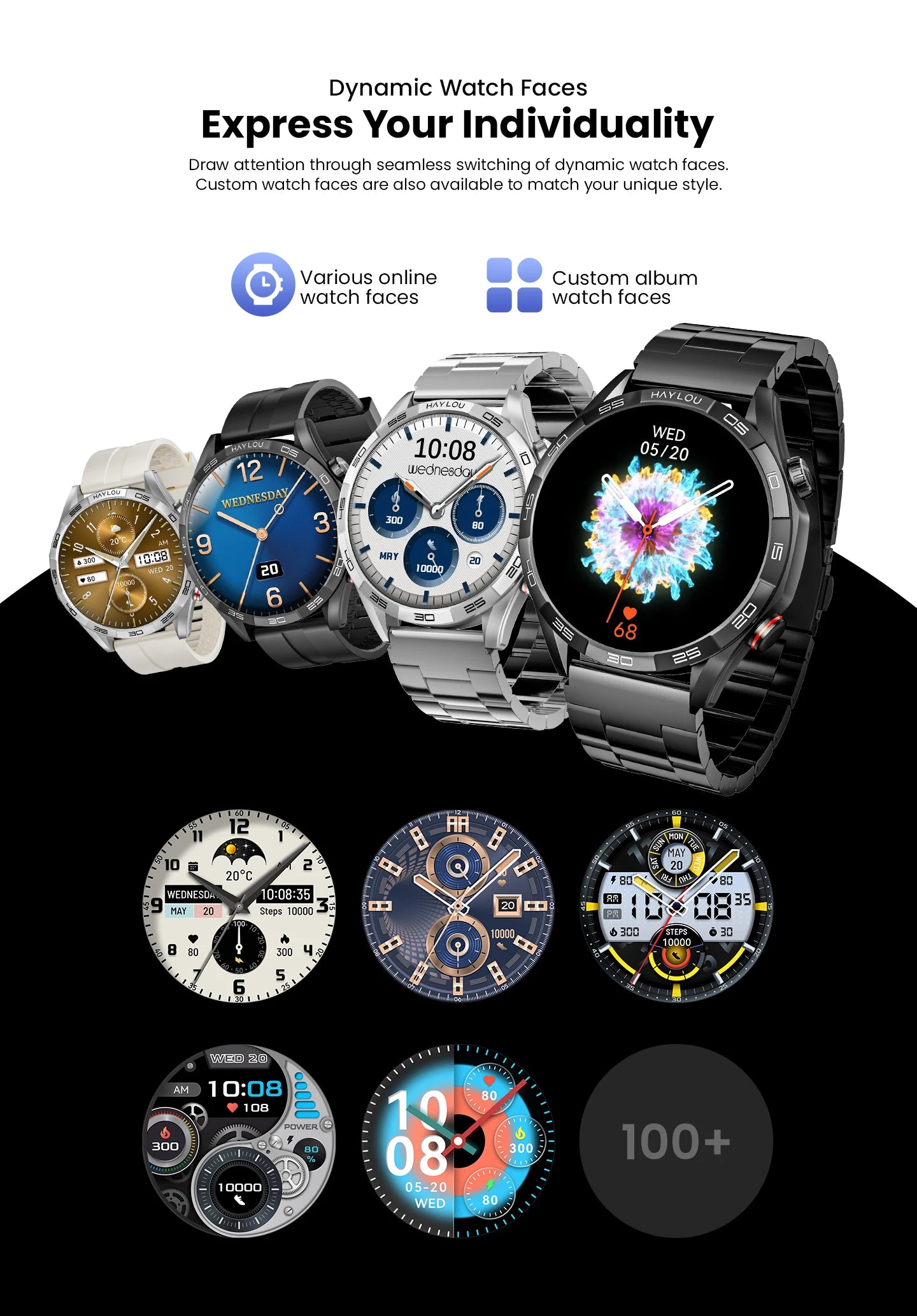 HAYLOU Solar 5 Smartwatch with 1.58'' AMOLED Display 60Hz Refresh Rate 24H Health Monitoring Voice Calling Sports Modes for Men Black/Silver