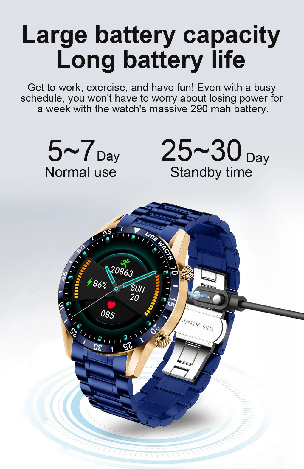LIGE Men's Fashion Smart Watch Full Touch Bluetooth Call Waterproof Sport Fitness Tracker Luxury Steel Band Smartwatch for Adults