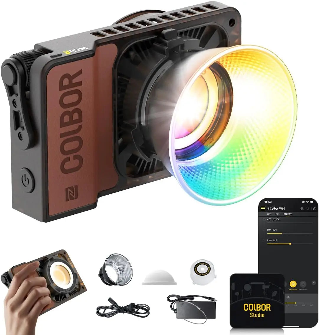 COLBOR W60/W60R/W100/W100R COB LED Video Light – 60W/100W Portable Photography Lighting, Handheld Pocket Fill Light for Outdoor Shooting