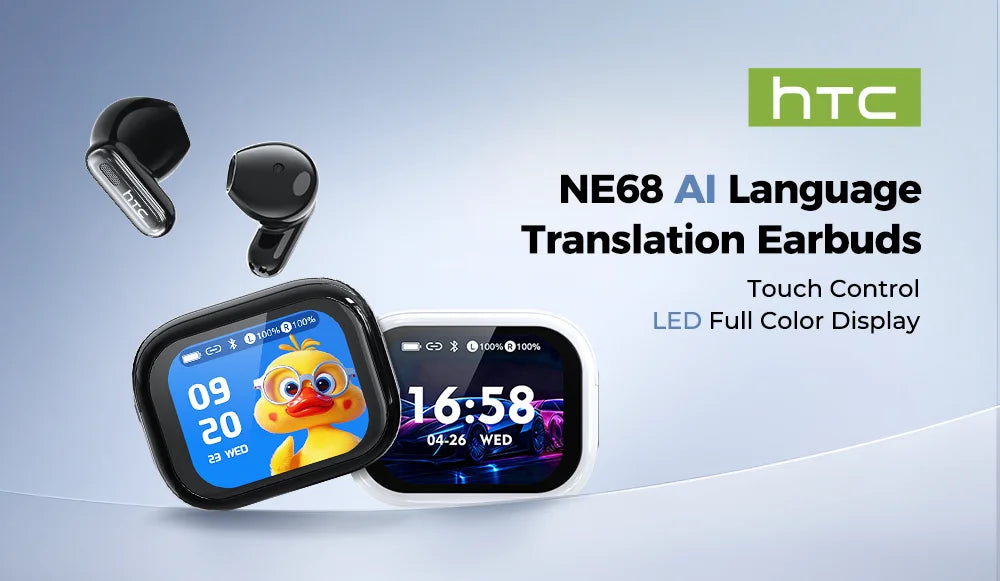 New HTC NE68 TWS Earbuds Bluetooth 6.0 Smart Touchscreen Case 134-Language AI Translator ANC IPX5 Waterproof 48H Playtime