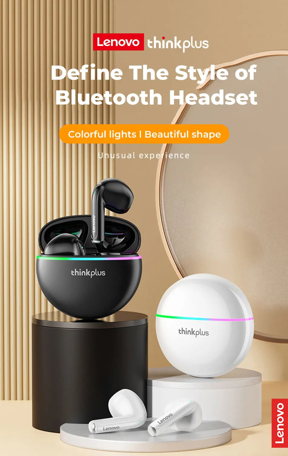 Lenovo XT97 Bluetooth Wireless Headphones With Flash Led Light  Bluetooth Earphone Wireless Earbuds Headsets With Microphones
