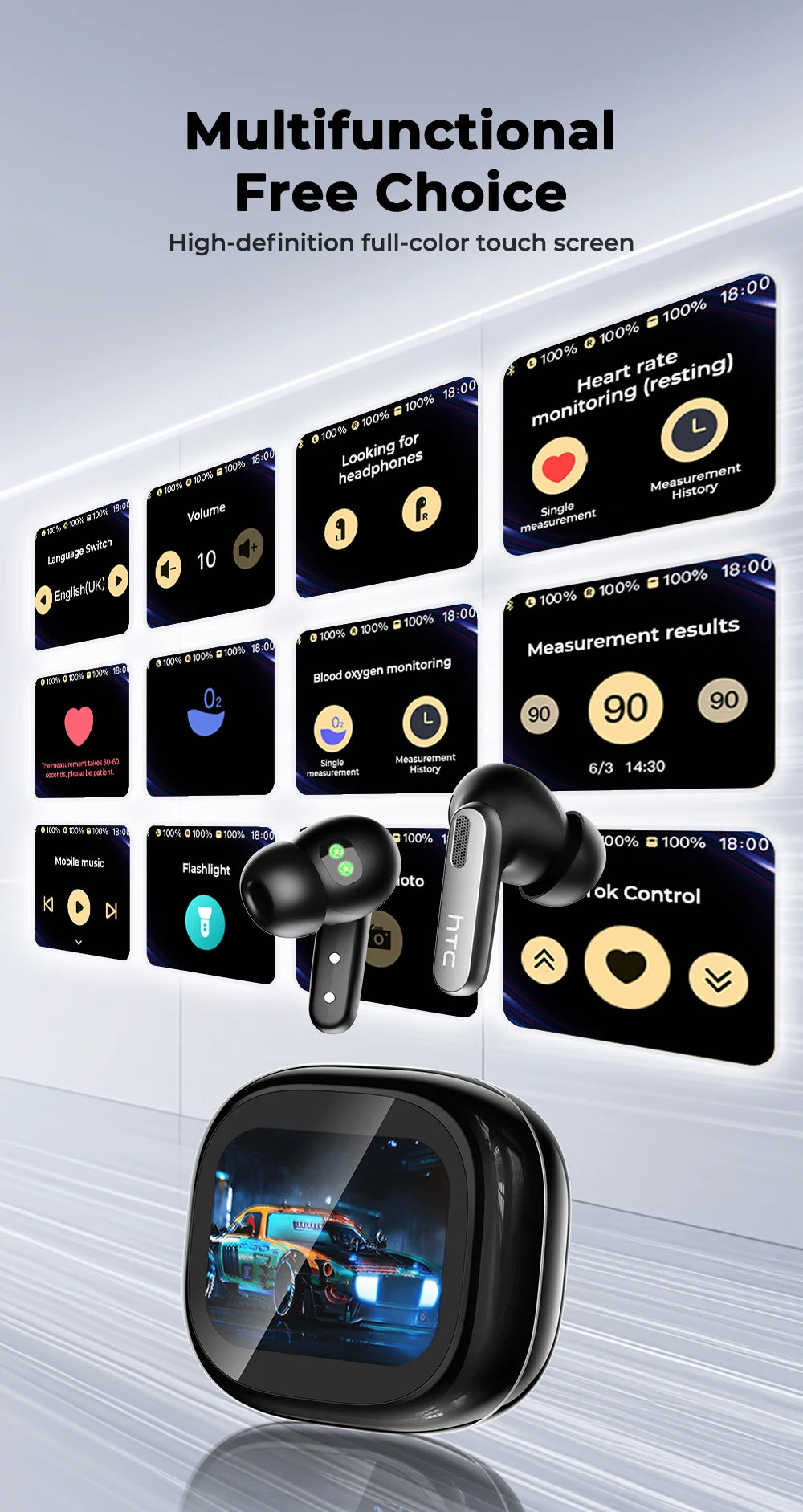 HTC NE46 TWS Earbuds BT 6.0 Heart Rate Monitoring Earbuds Smart Screen Charging Case  Noise Cancelling HiFi Stereo AI Translator