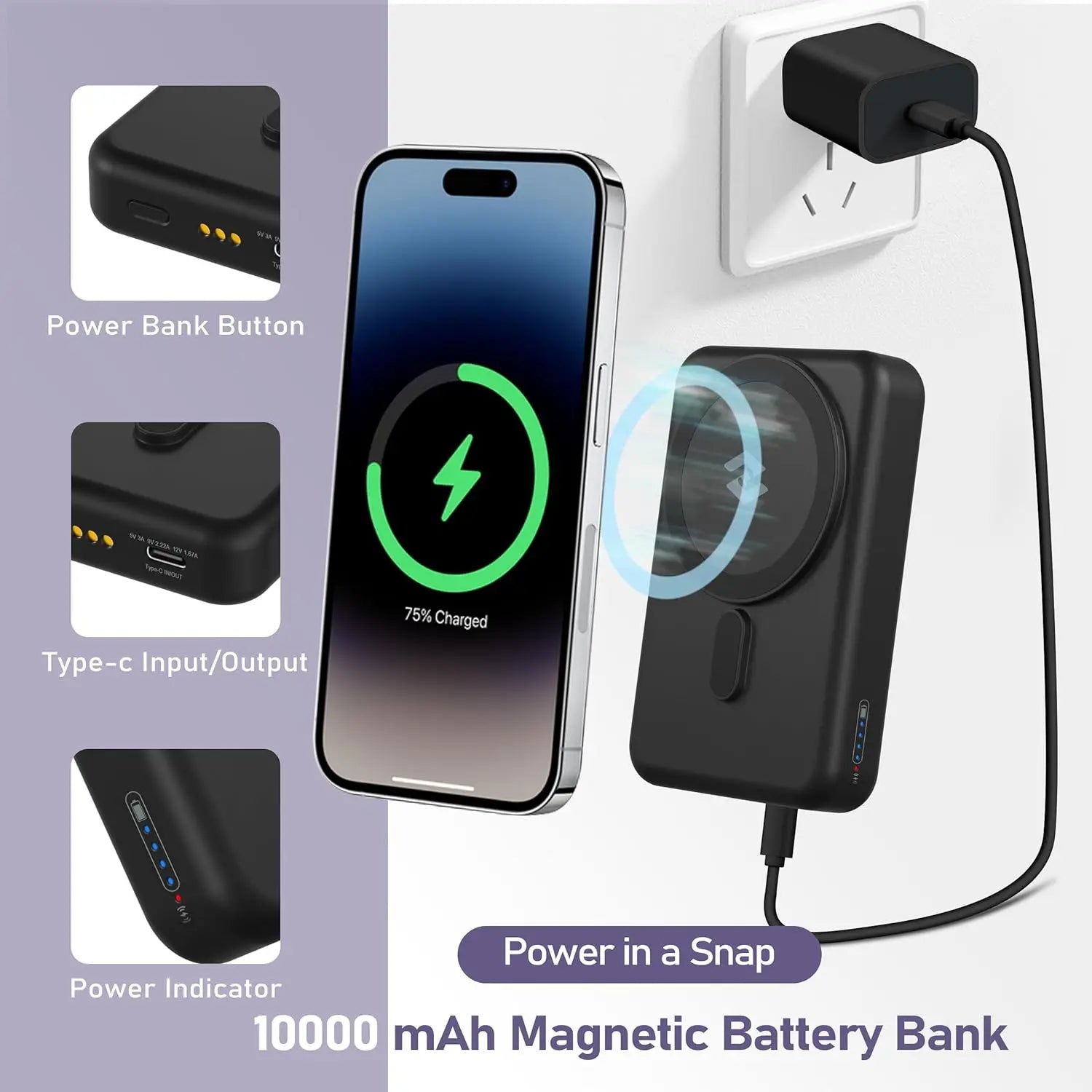 3-in-1 Wireless Charging Station with 10000mAh Detachable Power Bank – Portable Magnetic Charger for Phone, Watch & AirPods with Stand.