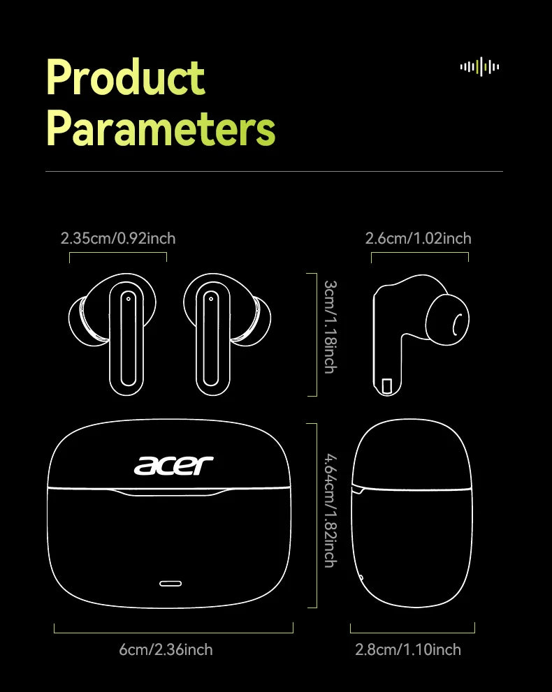 Acer In-Ear Wireless Bluetooth Headphones with Anc Active Noise Reduction, Hd Calls, Dolby Surround Sound, Large Battery, Long Battery Life, No Delay for Music and Games, Suitable for Sports, Running, and Fitness Use