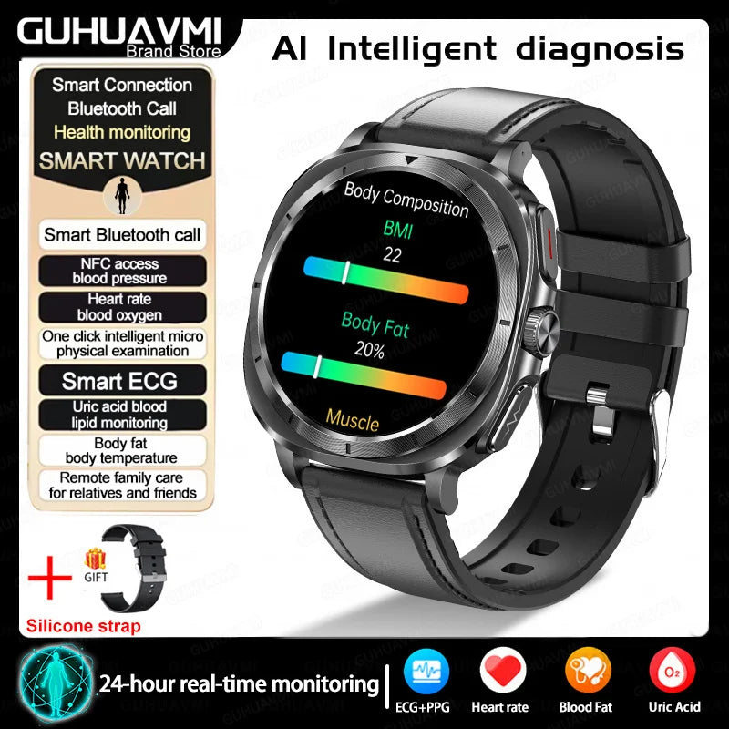 New Health Watch Uric Acid Blood Pressure Blood oxygen Body Analysis Body Fat SmartWatch ECG+PPG Bluetooth call Clock Women Men