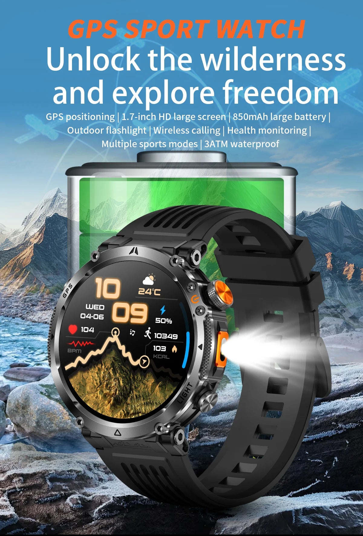 2026 New Military GPS Sports Smart Watch Men Compass 3ATM Waterproof Swim Fitness Tracker AMOLED HD SmartWatches 850Mah Battery