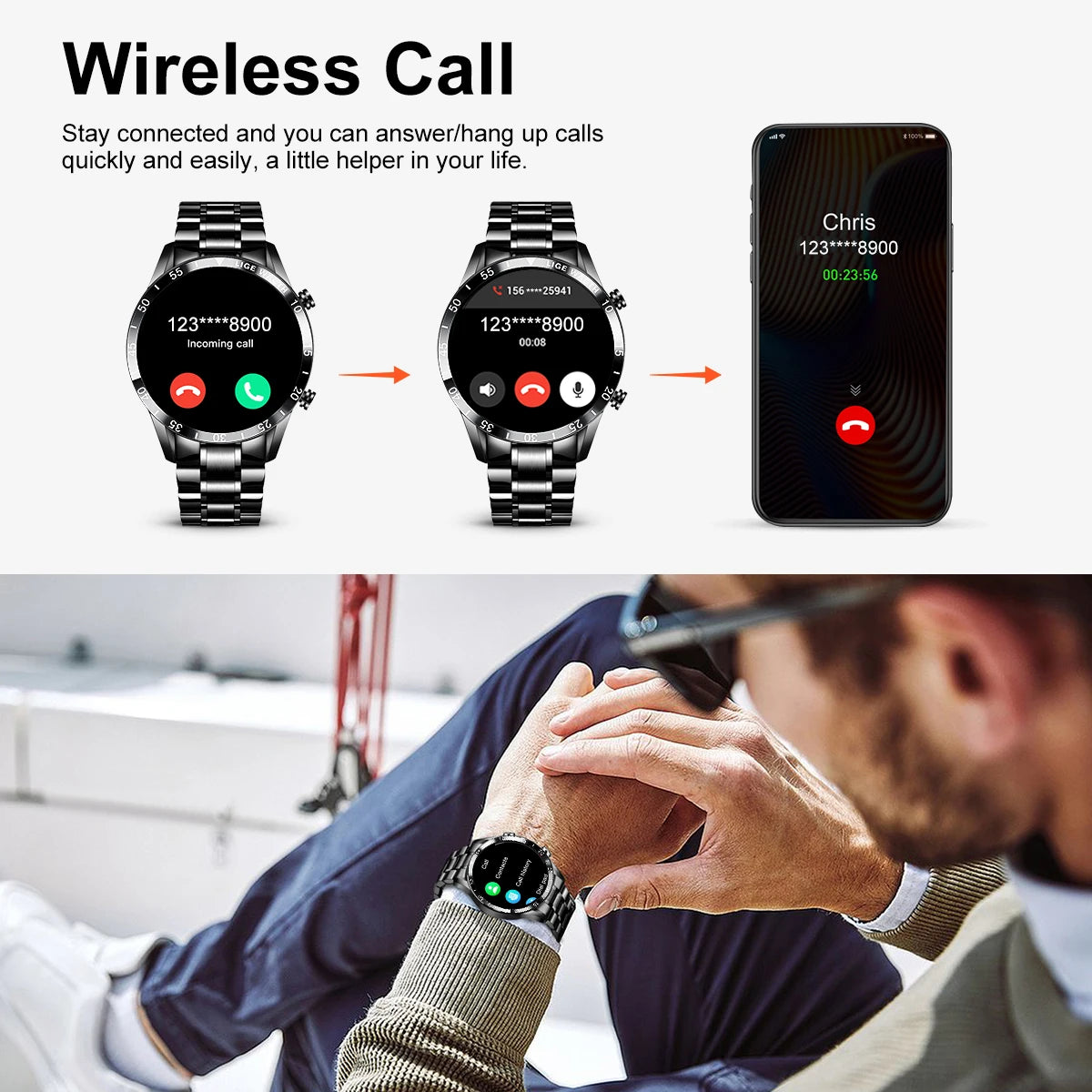 LIGE Men's Fashion Smart Watch Full Touch Bluetooth Call Waterproof Sport Fitness Tracker Luxury Steel Band Smartwatch for Adults