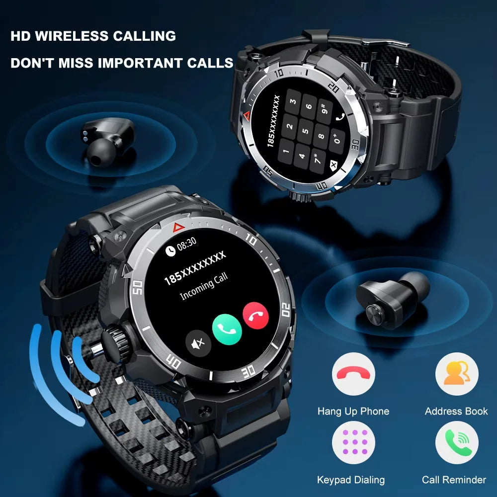 New 3 in 1 Smart Watch for Men With TWS Headset Rugged Military Bluetooth Call Fitness Tracker IP67 Waterproof for Android iOS