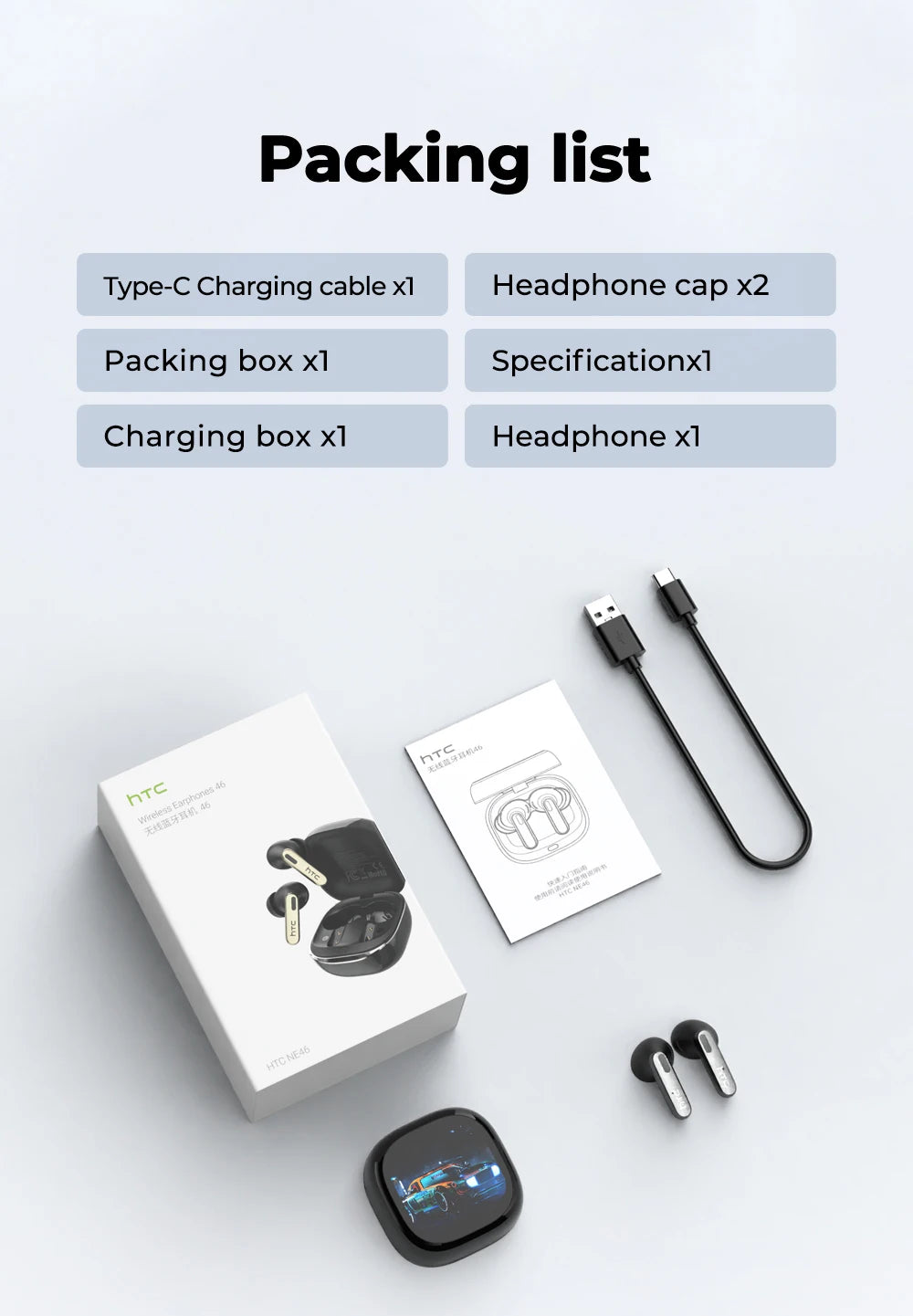 HTC NE46 TWS Earbuds BT 6.0 Heart Rate Monitoring Earbuds Smart Screen Charging Case  Noise Cancelling HiFi Stereo AI Translator