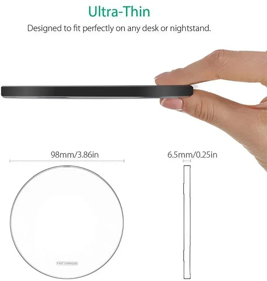 Fast Wireless Charger Pad – Qi Charging Dock for iPhone 16/15/14/13/12/X/XS Max & Samsung, Xiaomi, Huawei Phones.