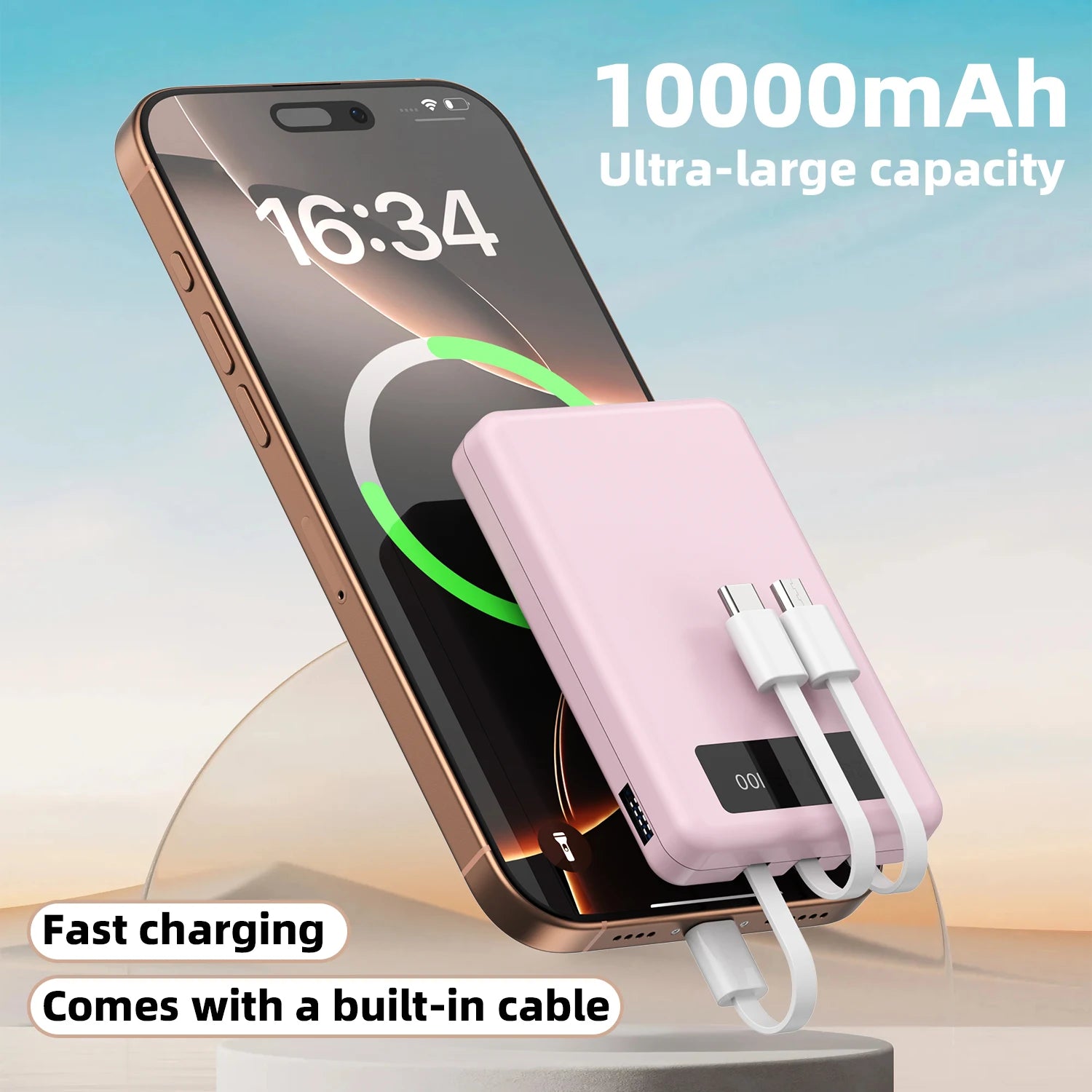 10000Mah Mini Compact Portable Mobile Phone Charger, 4-Usb Output, Built-In Type-C, Micro, for iPhone Cable Charging, Slim and Lightweight Usb-A Battery Pack External Mobile Phone Charger