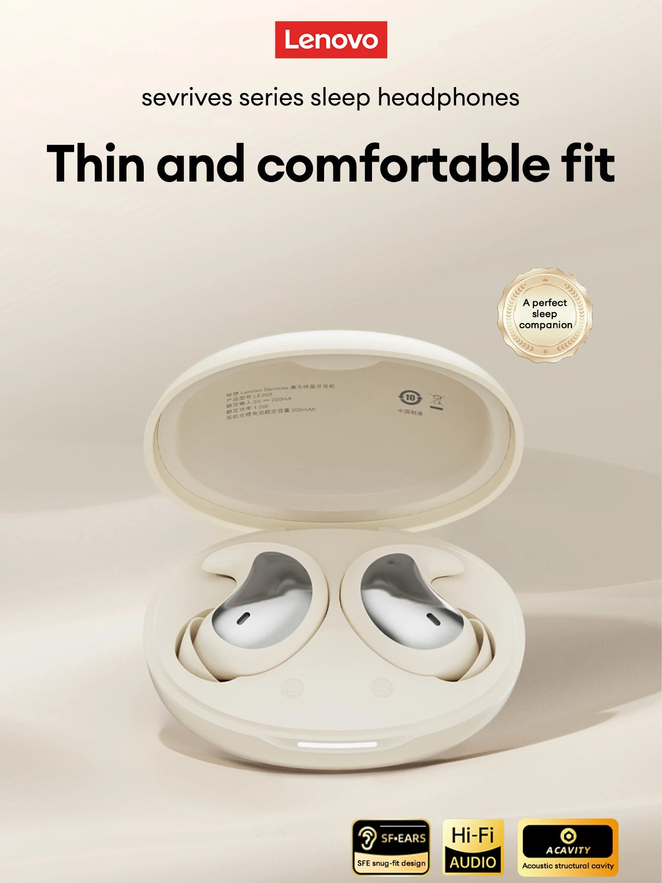 Lenovo LE203 Wireless Bluetooth 6.0 Sleep Headphones Small Lightweight Comfortable In-Ear Earphone Long Battery Life With Mic