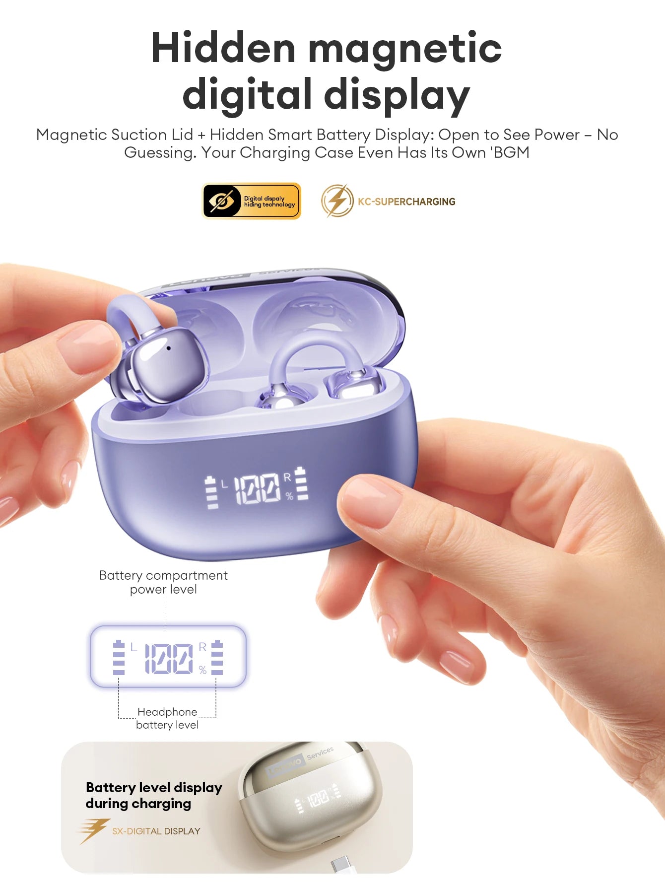 Lenovo Open Ear Wireless Earbuds Bluetooth 6.0 Comfort Clip On Gaming Sports Earphones LED Digital Power Display RS119 Pro