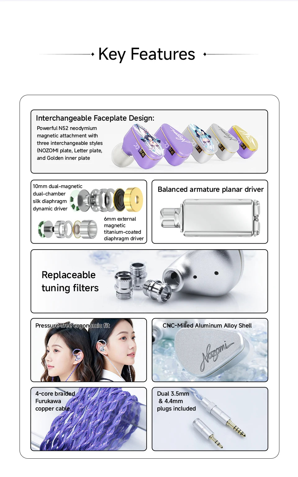 CVJ NOZOMI In-Ear Earphones 2DD+1PD New Planar 3 Unit HIFI Earbuds Interchangeable Panel Nozzle (Anime Collaboration)
