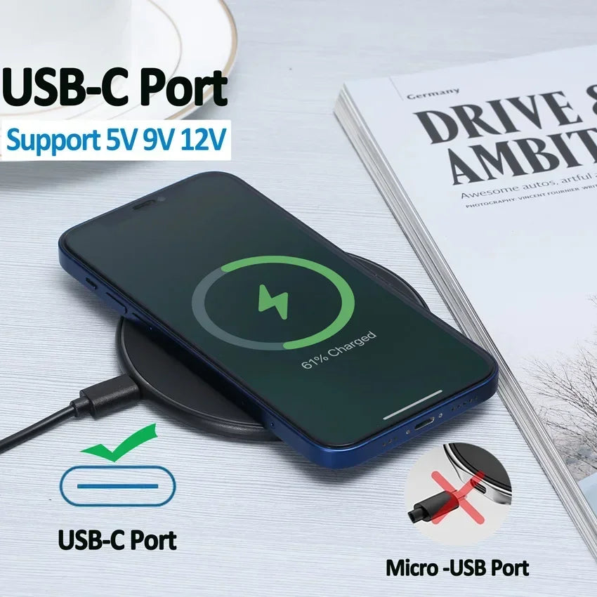 Fast Wireless Charger Pad – Qi Charging Dock for iPhone 16/15/14/13/12/X/XS Max & Samsung, Xiaomi, Huawei Phones.