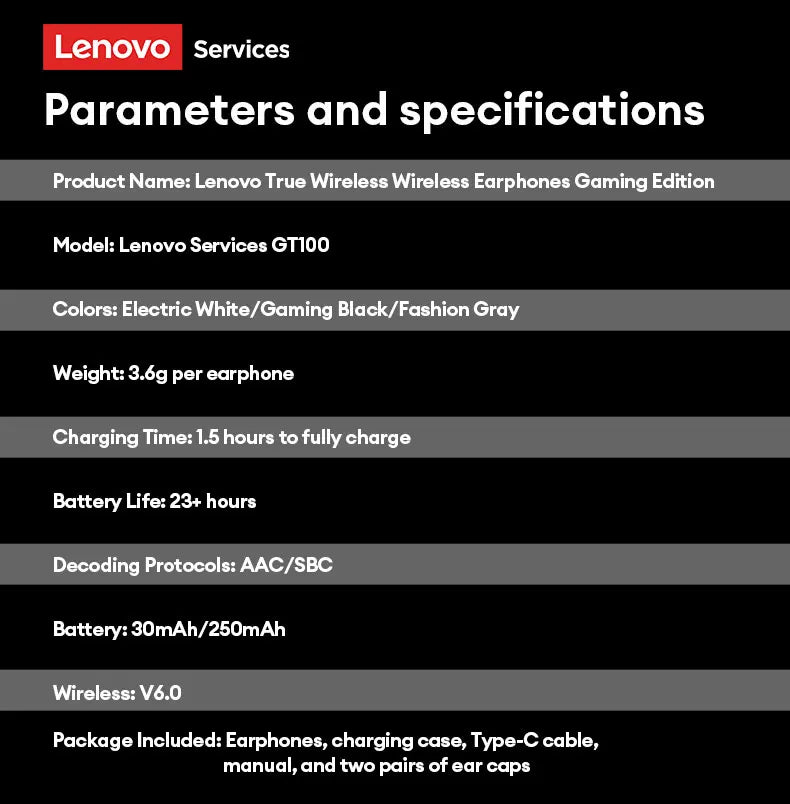 Choice Lenovo GT100 TWS Bluetooth 6.0 Gaming Earbuds Ultra Low Latency Long Endurance Wireless Headphone HD Voice Calls Earphone