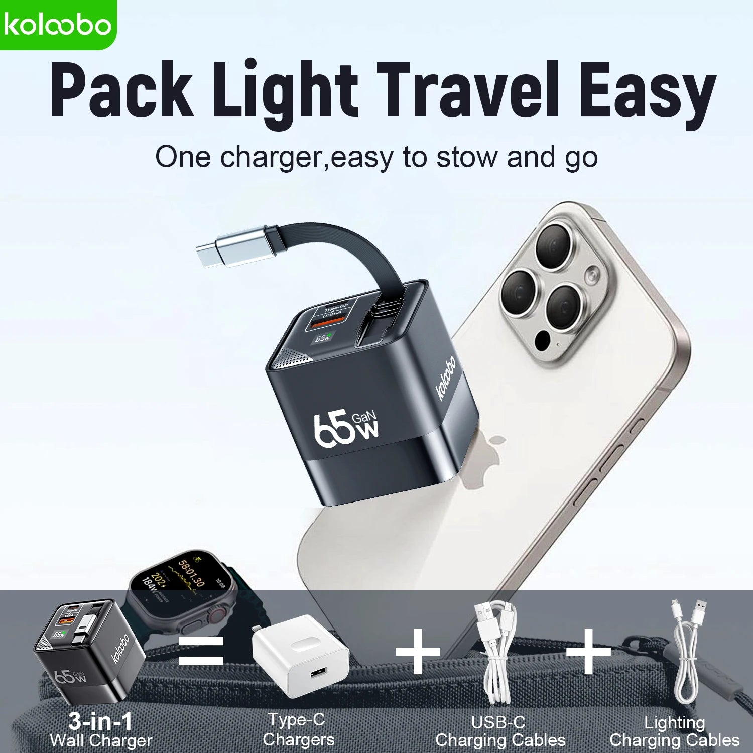 CrownQu 65W GaN Fast Charger with Retractable Type-C Cable