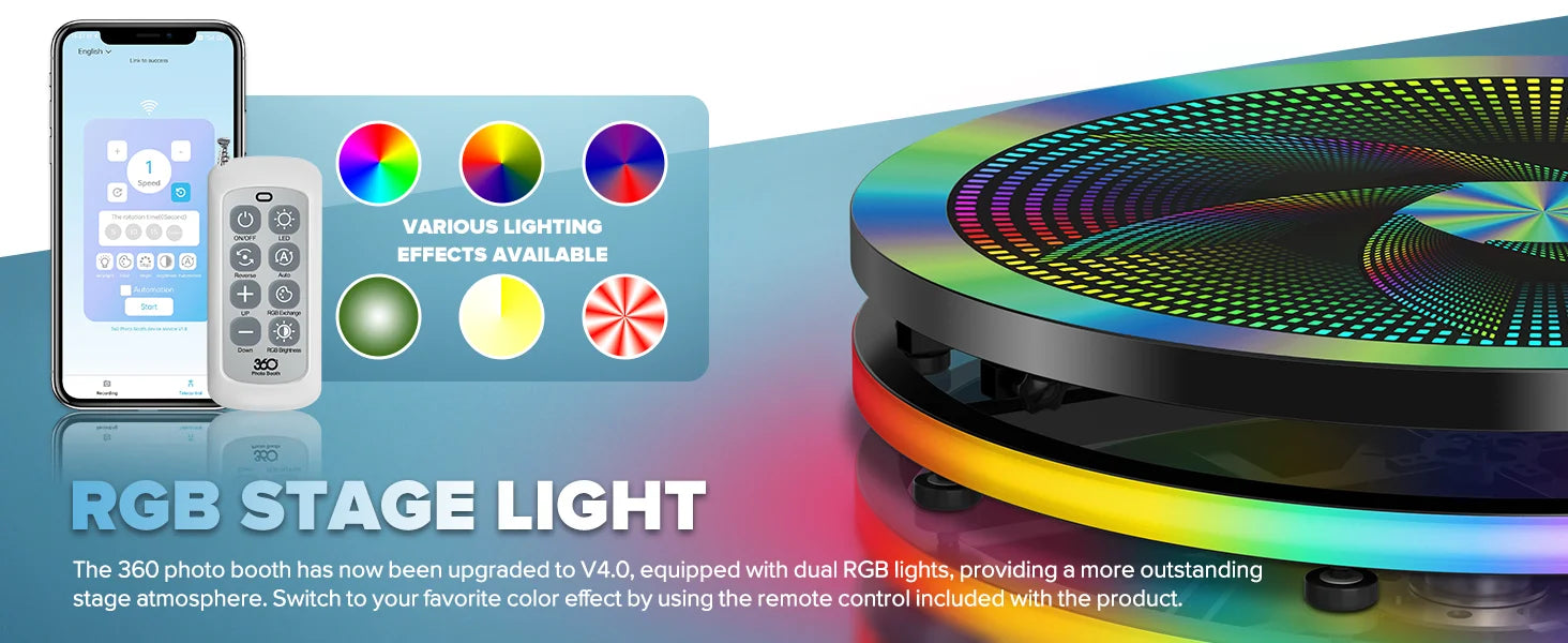 360 Photo Booth Rotating Platform with RGB Ring Light – Selfie Spinner Photobooth for Parties, Weddings & Events, Flight Case Included