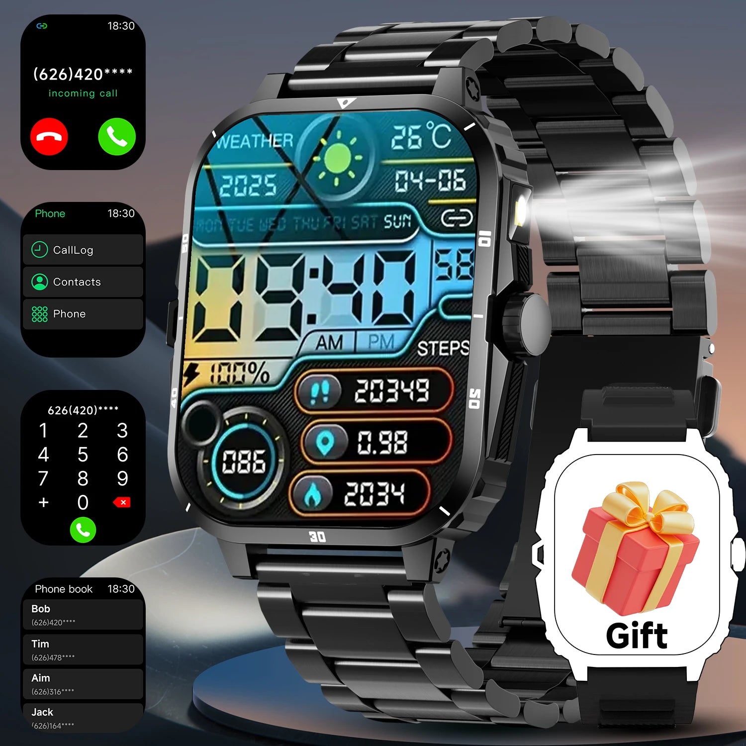 2025 NEW Military Smartwatch 2.01'' HD Screen Bluetooth Call Waterproof Outdoor Sports Fitness Tracker for Android/iOS Men