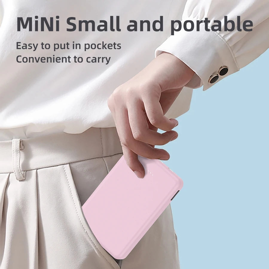 Mini Compact Portable Power Bank 5000Mah Mobile Phone Charger, Built-In Type-C Input, Built-In Usb-A Output, Built-In Type-C/ Micro/Suitable for Smartphones, Headphones, Speakers and Other Products