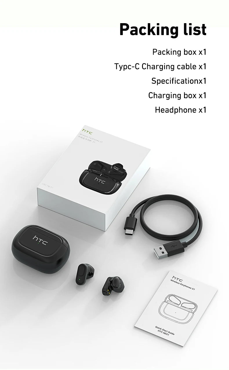 HTC NE51 Bluetooth Earphones TWS Sport Wireless Headphones Long Life with Mic In-Ear Earbuds AI Translator Earbuds