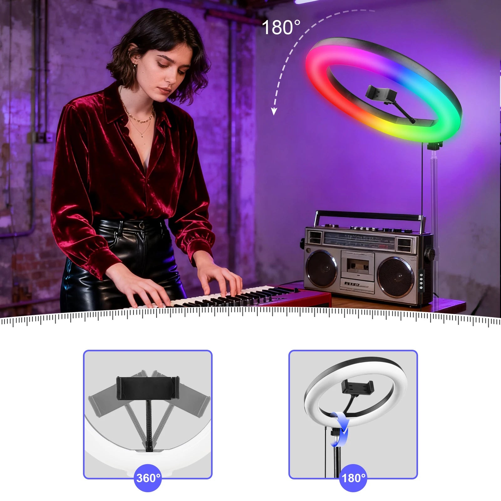 12' RGB Ring Light with Handle And Tripod 360° Rotatable Phone Clip 101 Color Modes Wired Control for Mobile Streaming