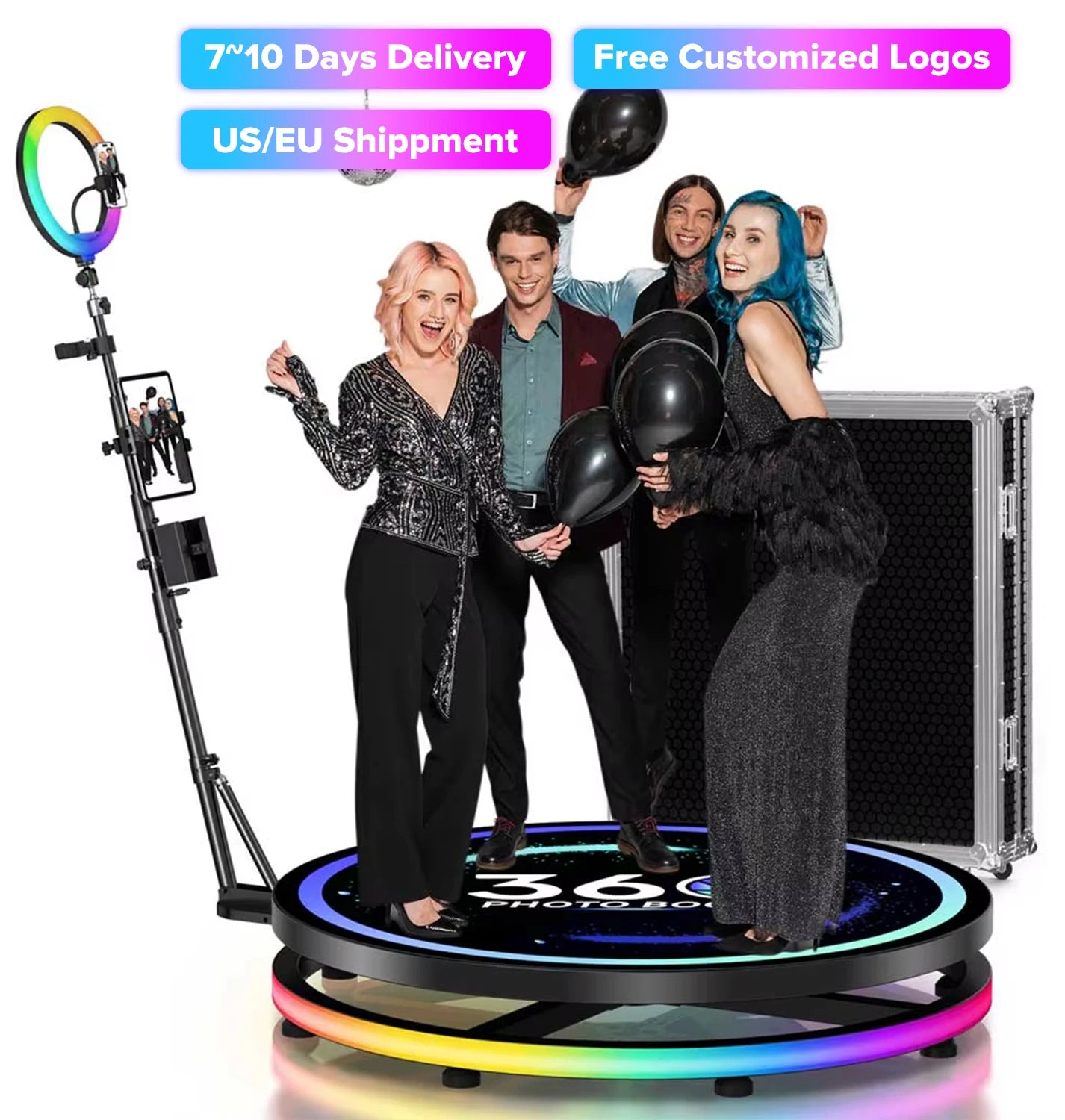 360 Photo Booth Rotating Platform with RGB Ring Light – Selfie Spinner Photobooth for Parties, Weddings & Events, Flight Case Included