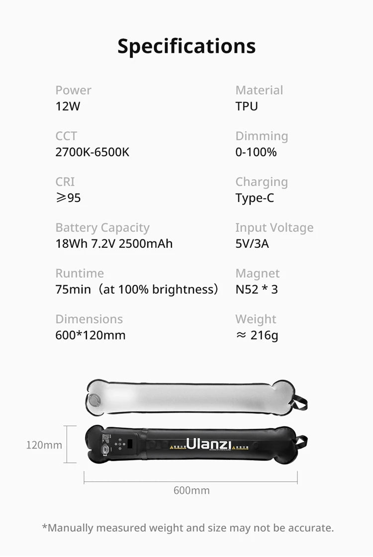 Ulanzi UA12 12W Bi-Color Magnetic Portable Air Tube Light 2700K-6500K Waterproof Foldable 18WH Lamp for Live Photography Shooting