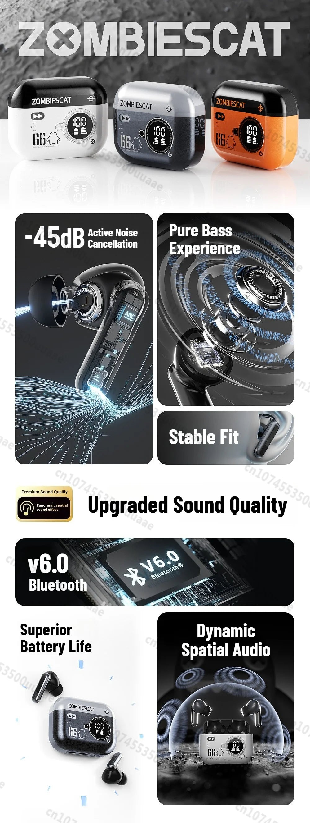 Zombies Cat Alloy ANC Headphones Bluetooth 6.0 -45dB Active Noise Cancellation Earbuds Powerful Deep Bass TWS Wireless Earphones