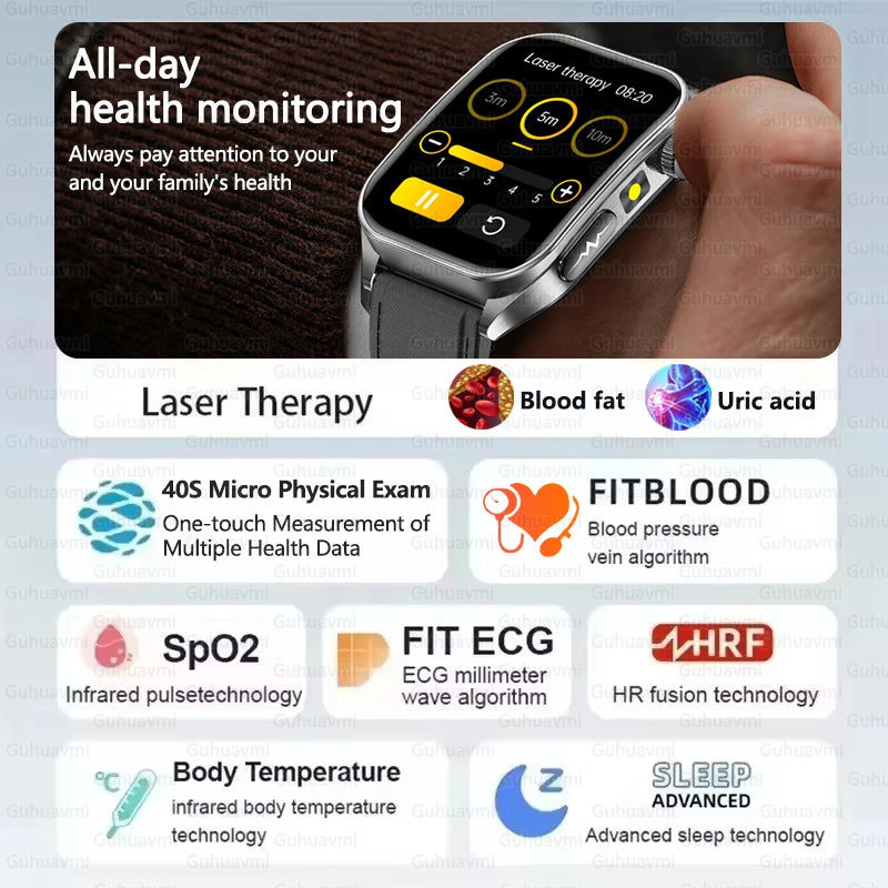 New Laser Treatment Three High Smart Watch Men ECG Heart Rate Uric Acid Health Tracker 1.95 inches Sapphire Glass SmartBracelet