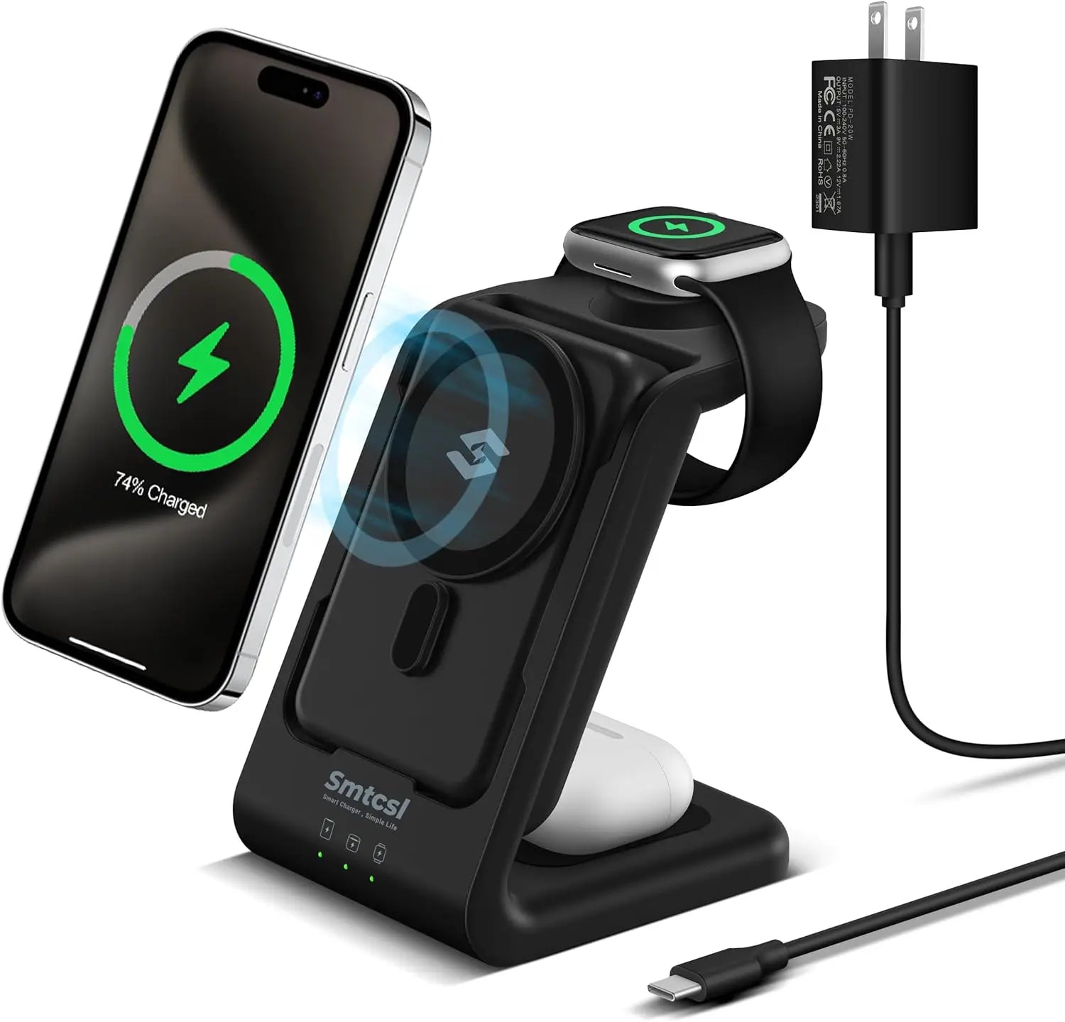 3-in-1 Wireless Charging Station with 10000mAh Detachable Power Bank – Portable Magnetic Charger for Phone, Watch & AirPods with Stand.