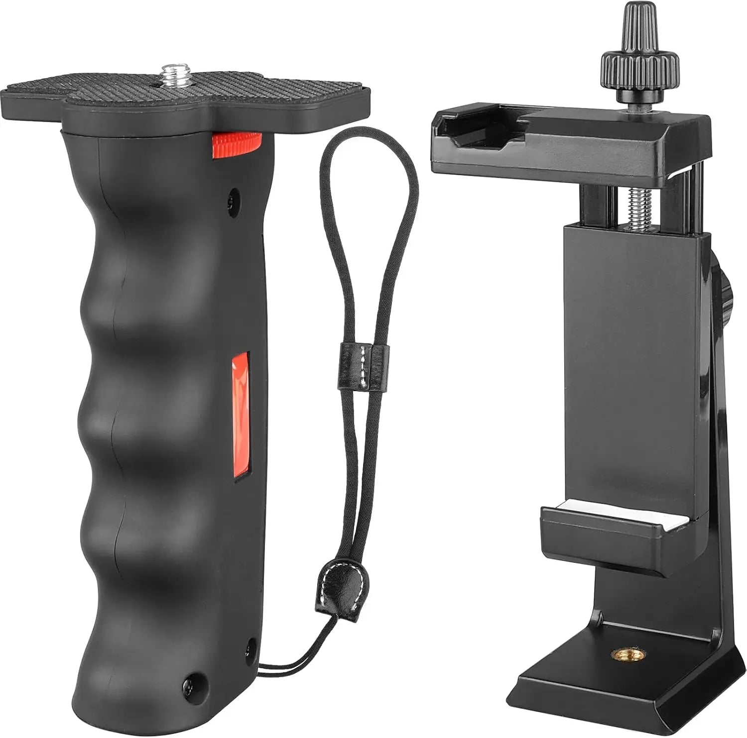 Ergonomic Vlogging Phone Holder with Cold Shoe Mount Handheld Stabilizer Grip Wrist Strap for Mic Light - Wireless Charging Compatible
