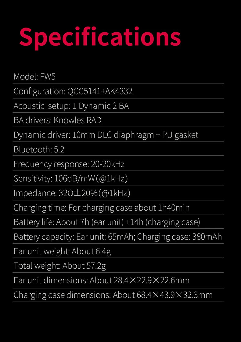FiiO FW5 TWSWireless Bluetooth LHDC/aptX adaptive Earphones Sport Stereo HiFi Music Earbuds 10mm Dynamic Driver Earphone