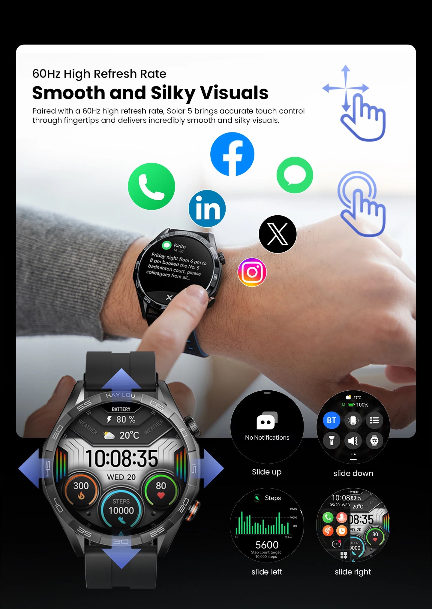 HAYLOU Solar 5 Smartwatch with 1.58'' AMOLED Display 60Hz Refresh Rate 24H Health Monitoring Voice Calling Sports Modes for Men Black/Silver