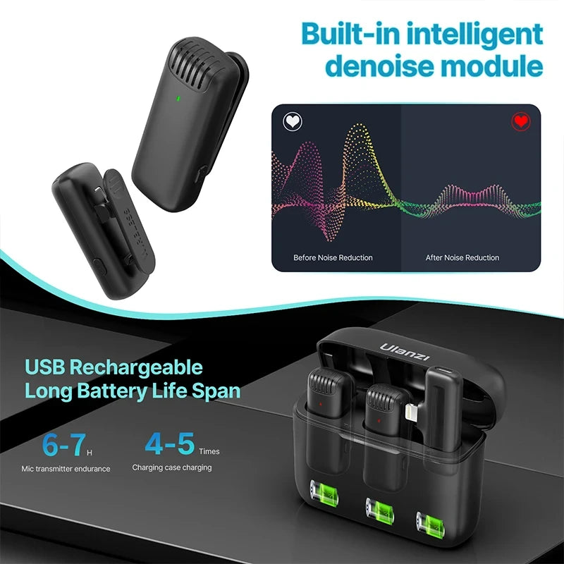 Ulanzi J12 Wireless Lavalier Lapel Microphone Set for iPhone 16/15/14 Android Mini Condenser Mic with Omnidirectional Pickup for Live Broadcast Short Video Recording