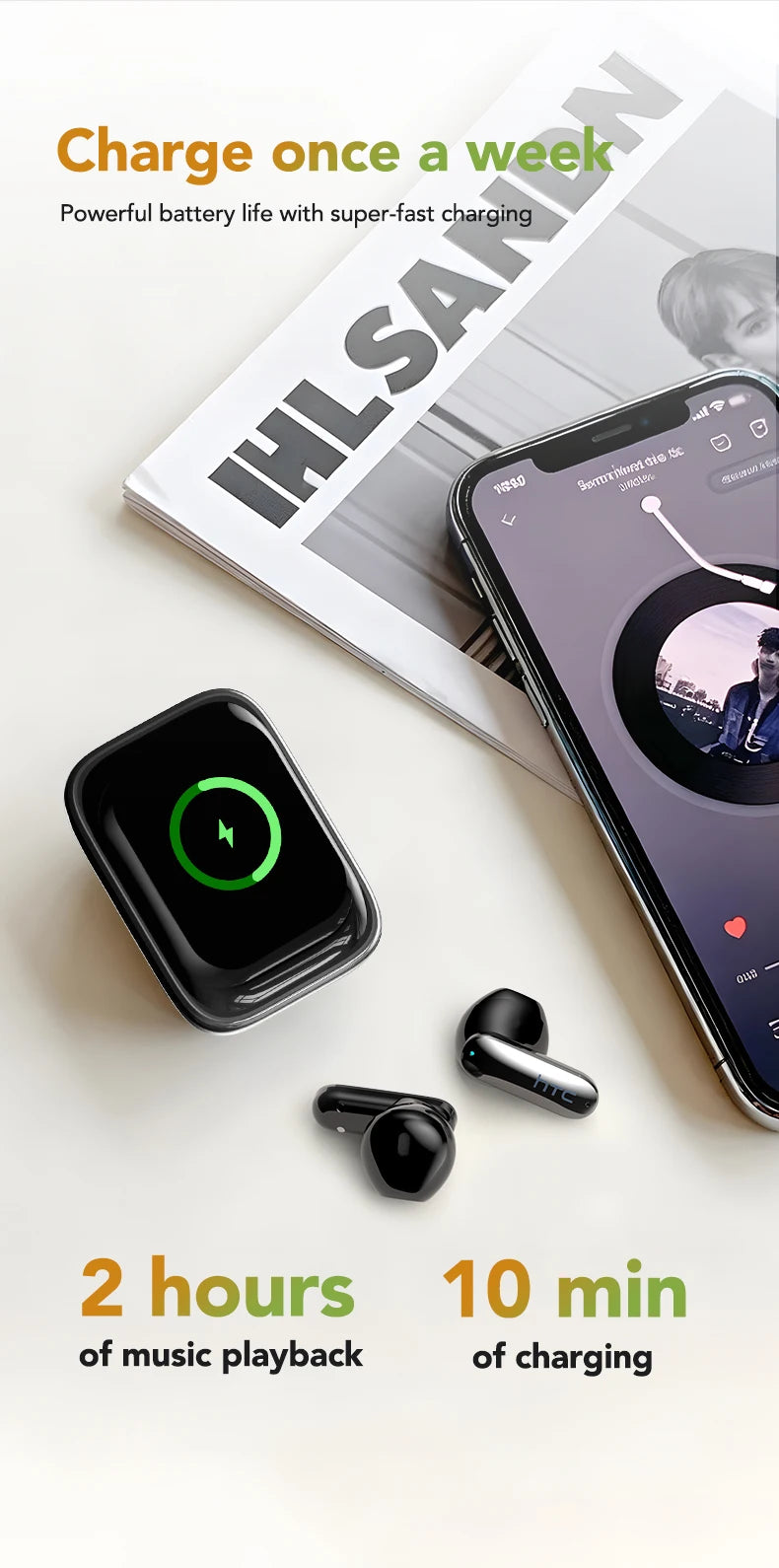 HTC NE48 TWS Wireless Earbuds AI Translation 2K HD Touchscreen Bluetooth 6.0 IPX5 ENC Noise Cancelling Sports Headphone