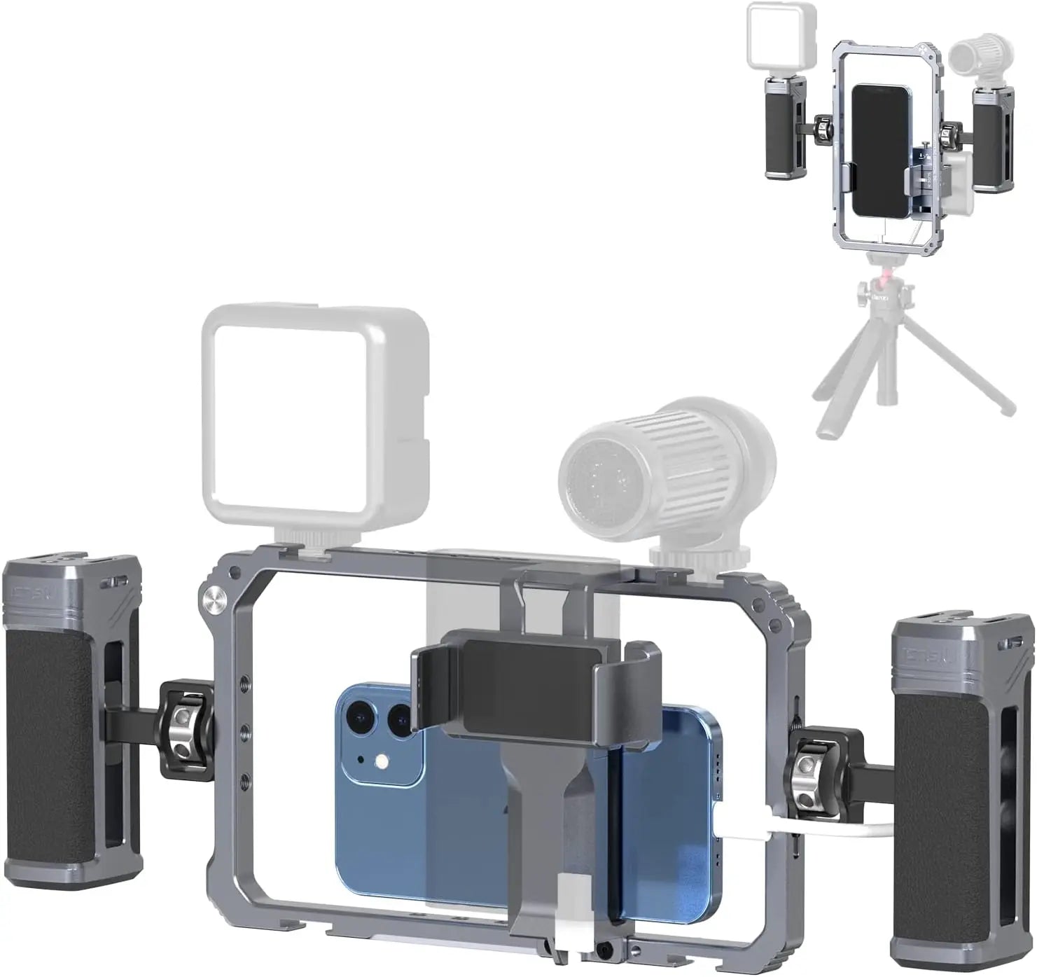 Universal Phone Video Rig Kit with Dual Handles Aluminum Stabilizer Grip for iPhone 16 to 8 plus Cold Shoe Mount