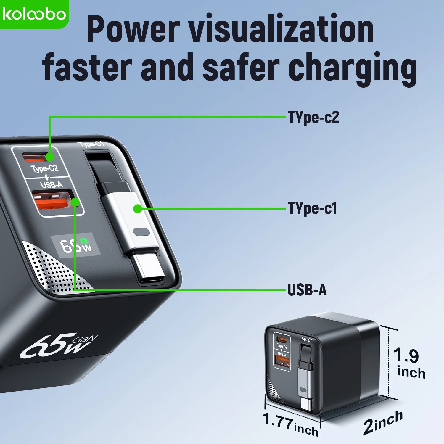 CrownQu 65W GaN Fast Charger with Retractable Type-C Cable
