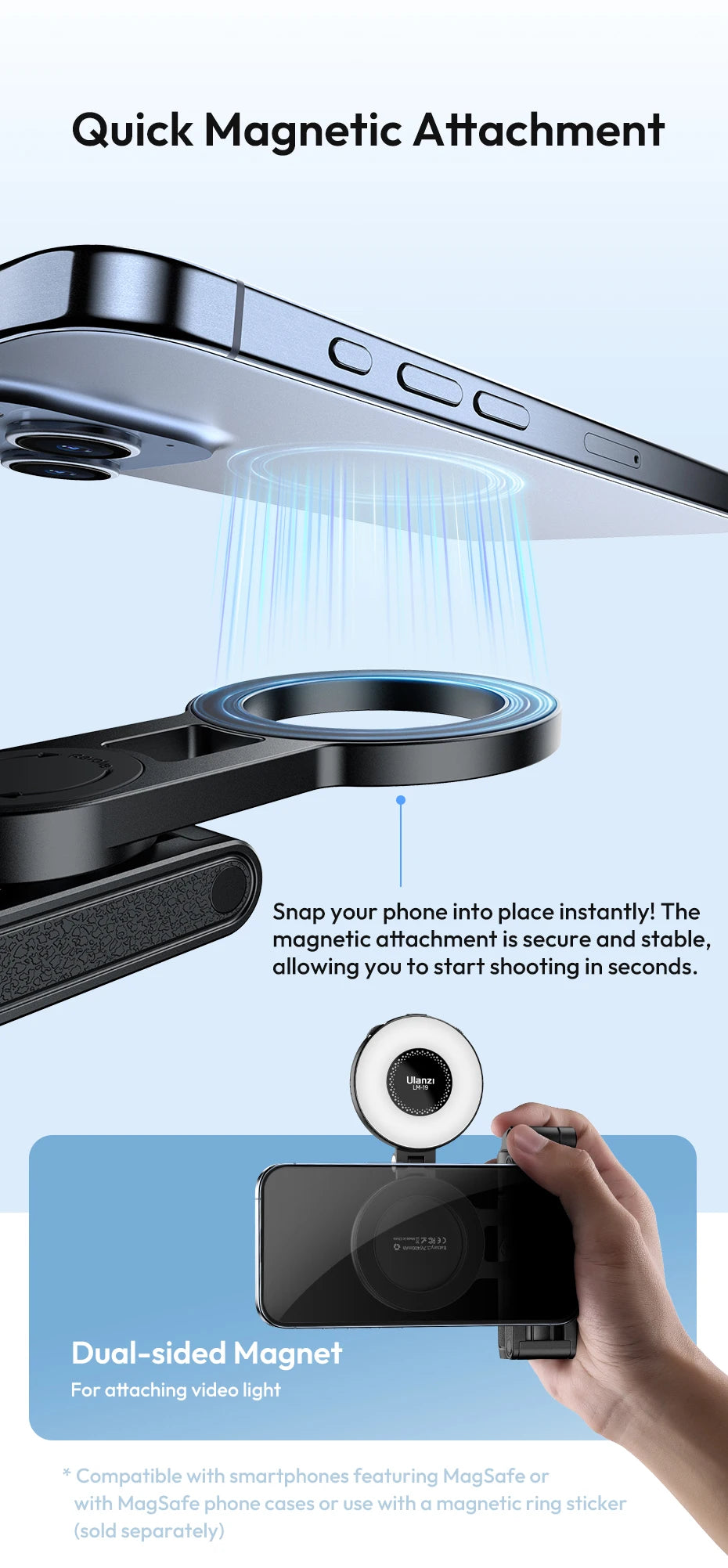 Ulanzi JJ03 Magnetic Phone Tripod Stand Wireless Selfie Stick Desktop Support Bluetooth for iPhone 16/15/14/13 pro Max with Grip