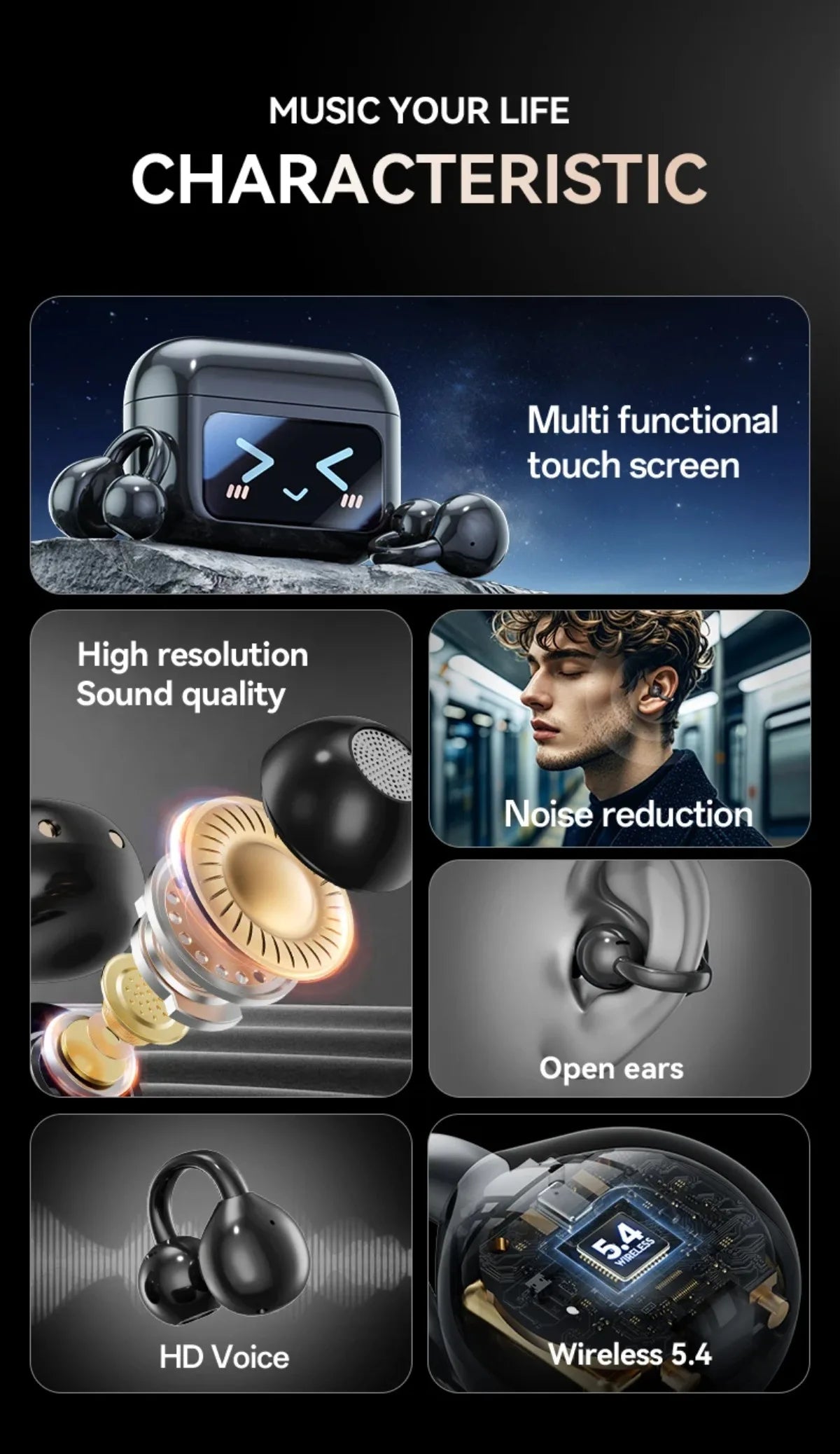 Wireless Ear Clip Earphones with Touch Screen 144 Languages AI Real Time Translation Headphones Smart Bluetooth 5.4 Earbuds