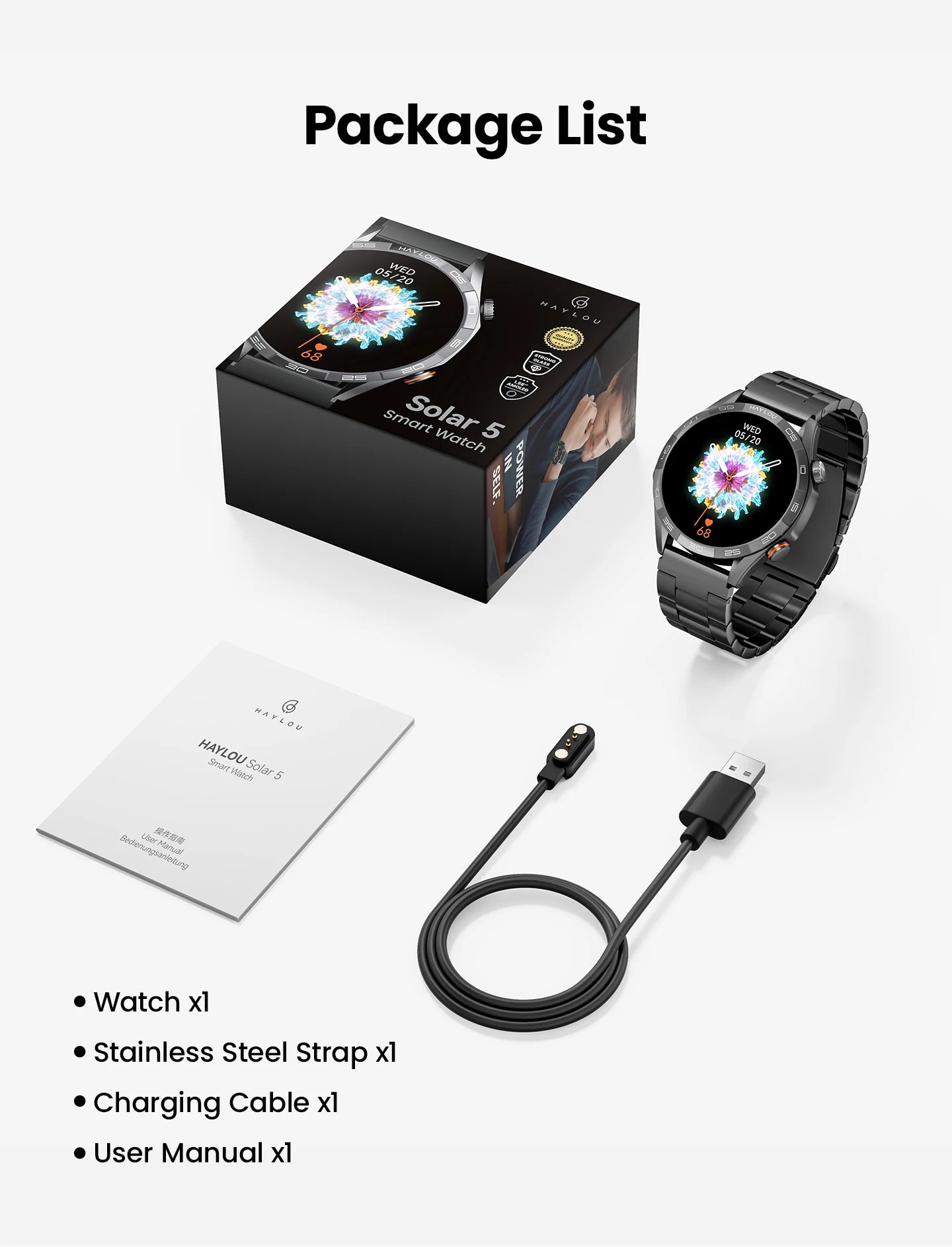 HAYLOU Solar 5 Smartwatch with 1.58'' AMOLED Display 60Hz Refresh Rate 24H Health Monitoring Voice Calling Sports Modes for Men Black/Silver