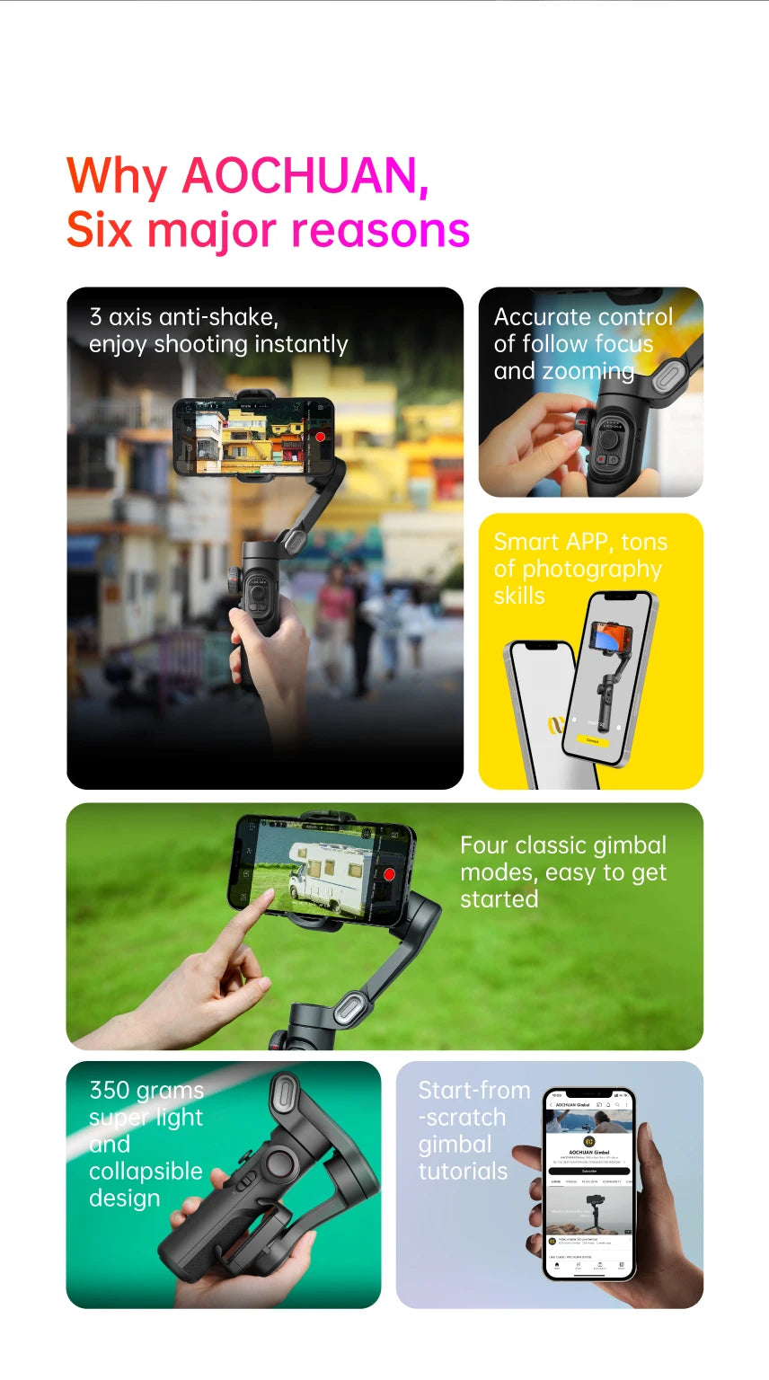 AOCHUAN 3-Axis Handheld Gimbal Stabilizer SmartXE for iPhone Android AI Face Tracking TikTok Vlog Smartphone Camera Stabilizer