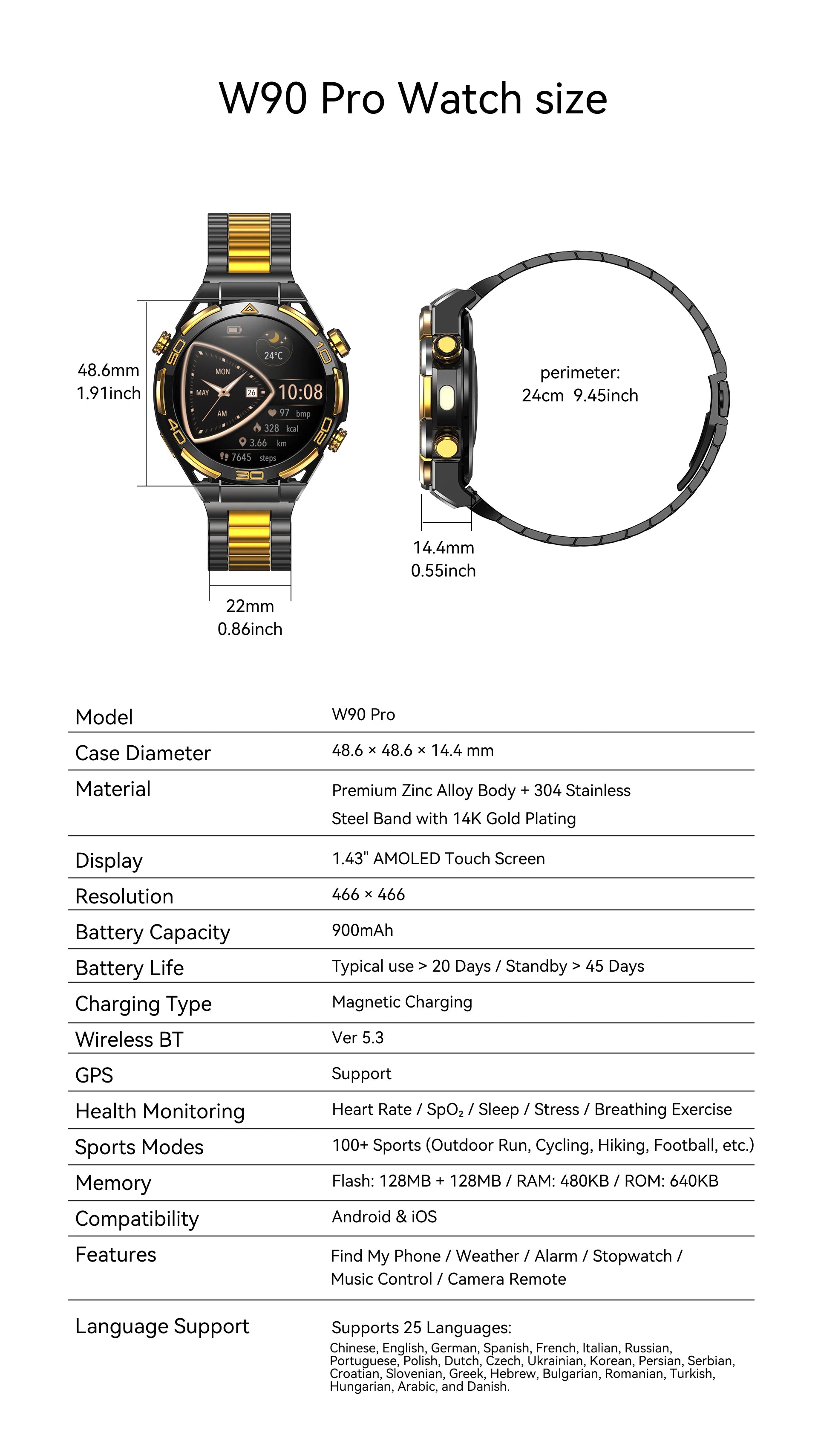 New Blackview W90 Pro GPS Smart Watch 1.43" HD AMOLED Display, 900mAh/ 20Days Standby Bluetooth Waterproof Sport Watch for Men