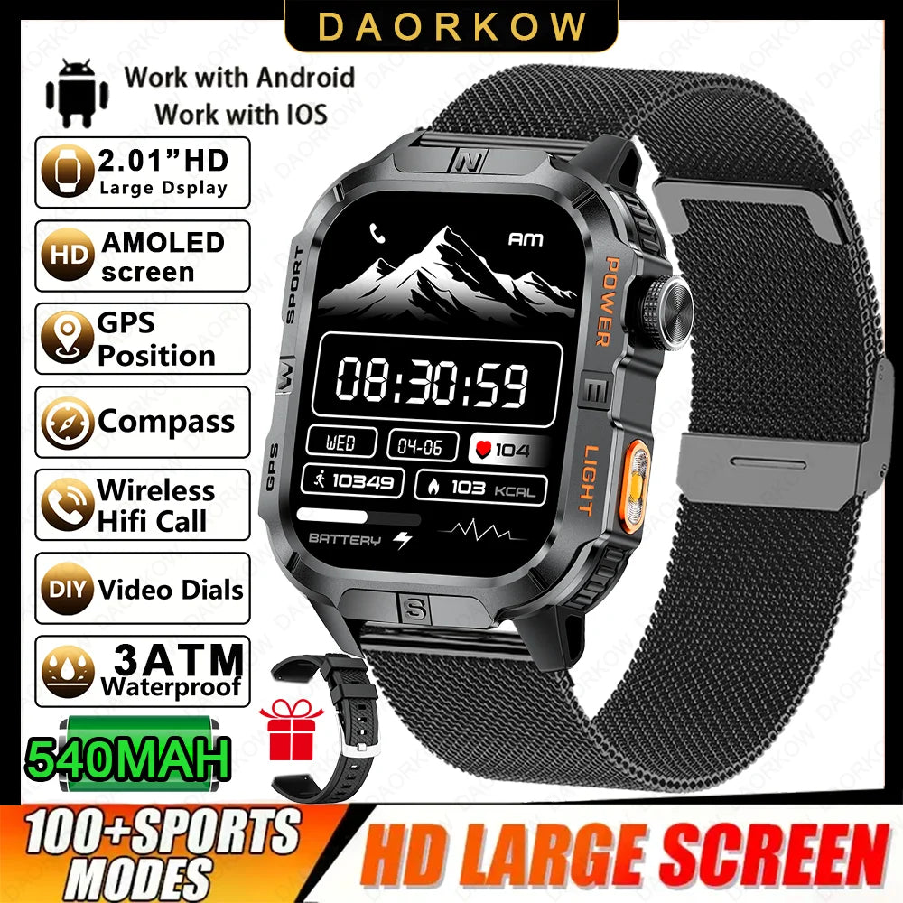 2.01-HD AMOLED GPS Smart Watch 3ATM Waterproof Built-in Dual-band GNSS Altitude Compass Military Sport Smartwatch Men 2025 New