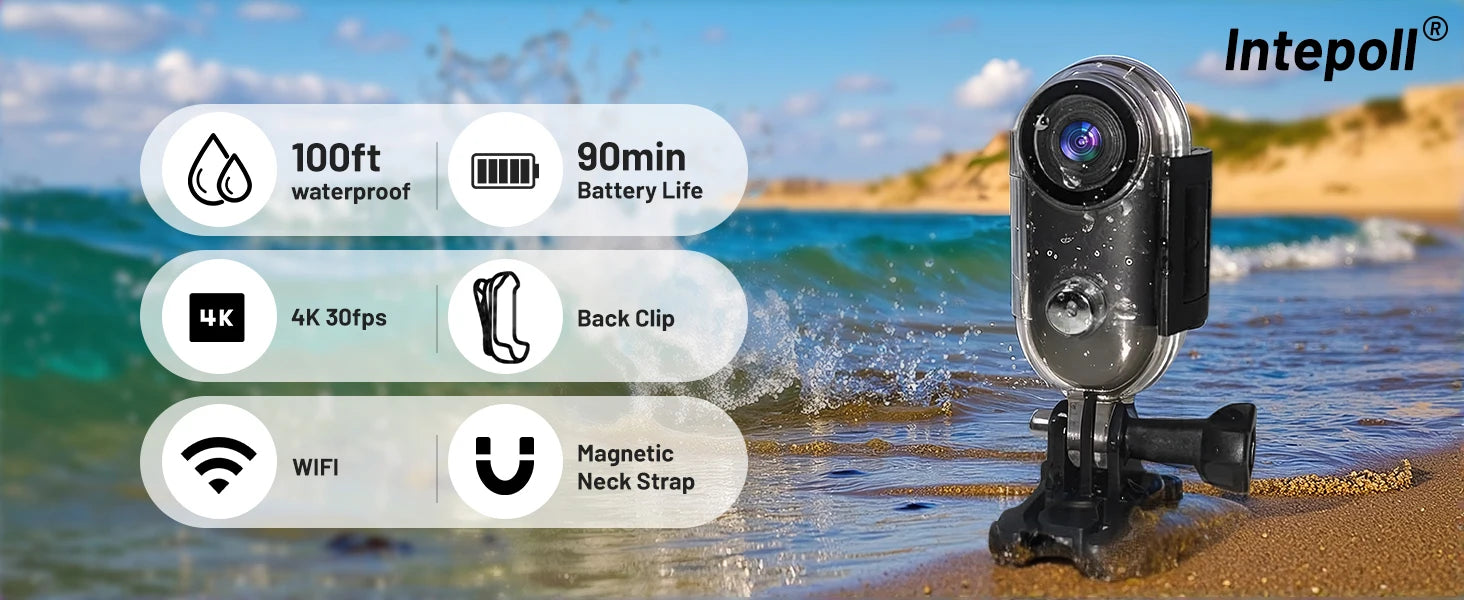 4K Mini WIFI Action Camera 128GB Black Portable Thumb Video Recorder with IPX7 Waterproof Helmet Mount for Vlogging