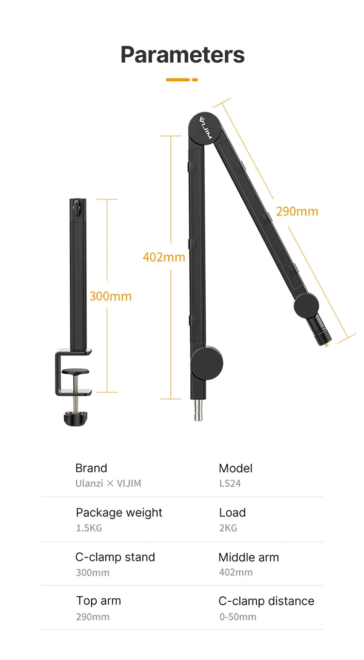 Ulanzi Vijim LS24 Microphone Boom Arm Stand Desktop Adjustable For DSLR Camera Smartphone Fill Light Microphone Holder Mount